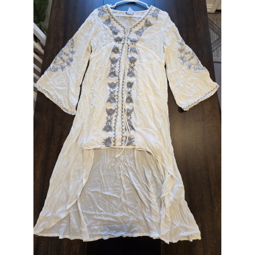 Earthbound Dress White Gray Embroidered‎ Hi-Low Flowy Boho Festival Sheer Medium